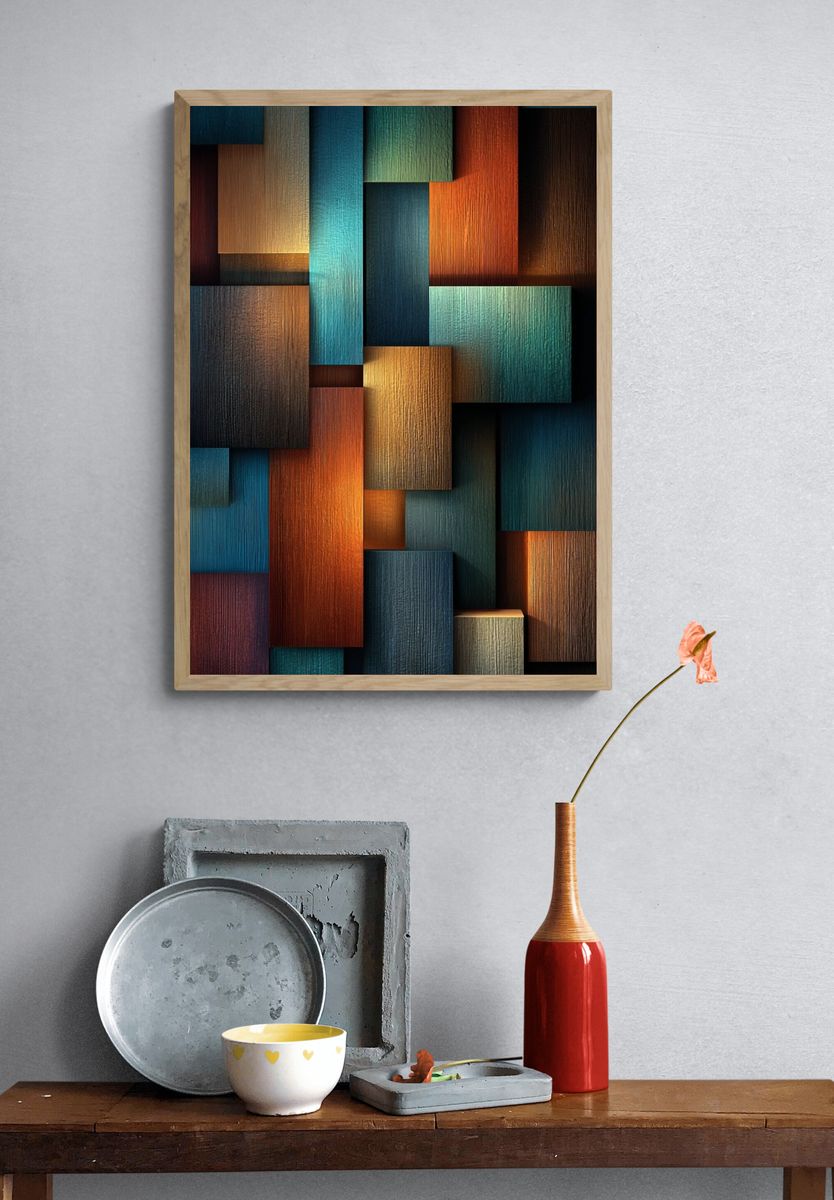 Textured Wood Blocks — Abstract Print. — room view 3