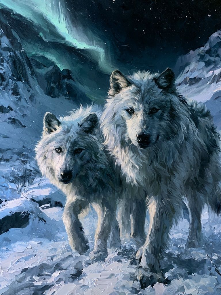 Arctic Wolves in Moonlit Snow Poster. poster detail