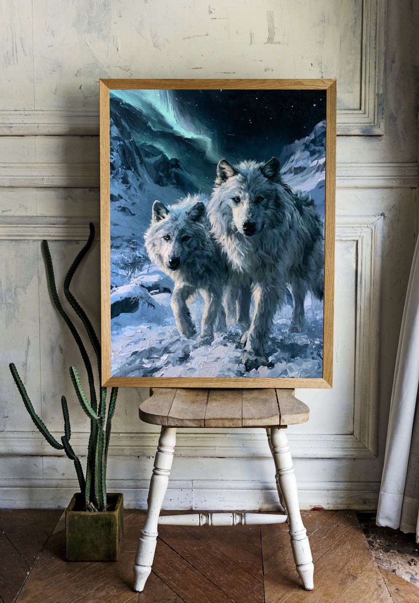 Arctic Wolves in Moonlit Snow Poster. room preview