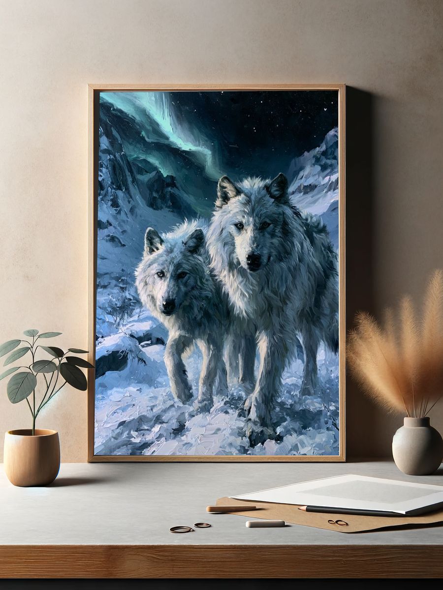 Arctic Wolves in Moonlit Snow Poster. — room view 2