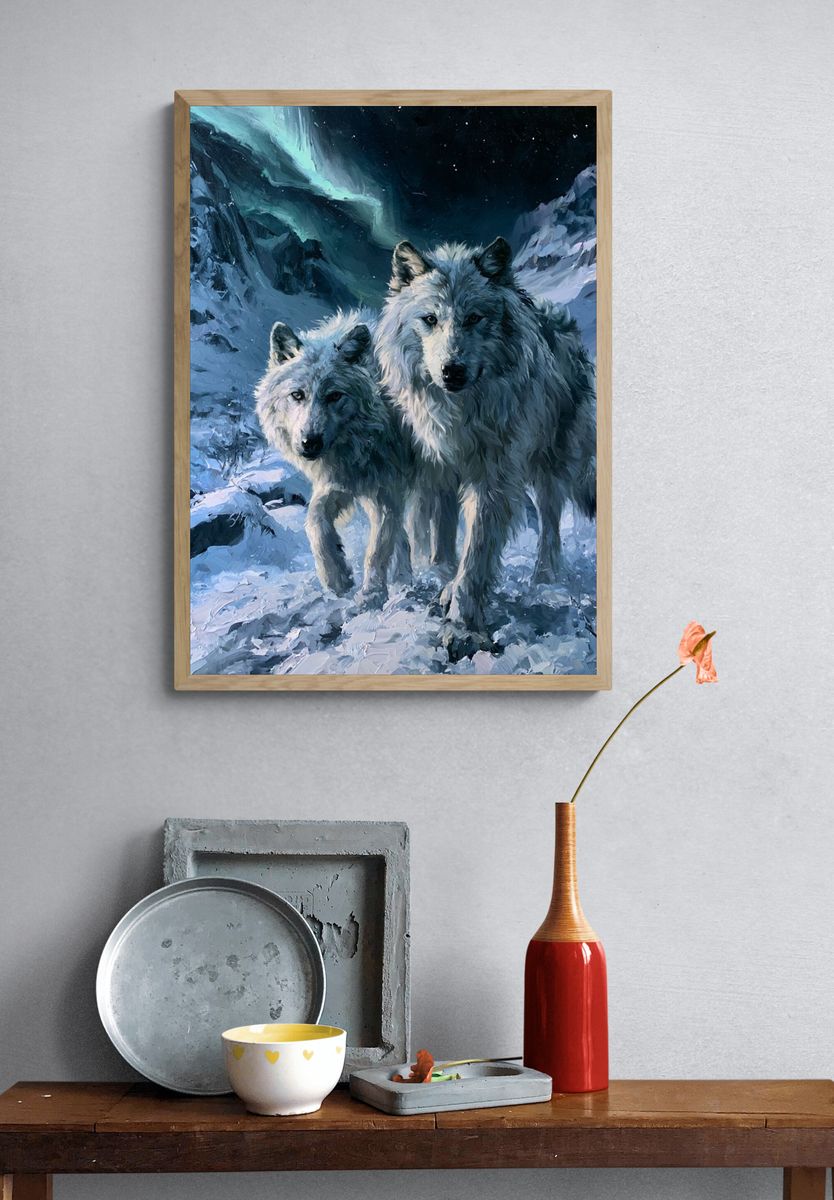 Arctic Wolves in Moonlit Snow Poster. — room view 3