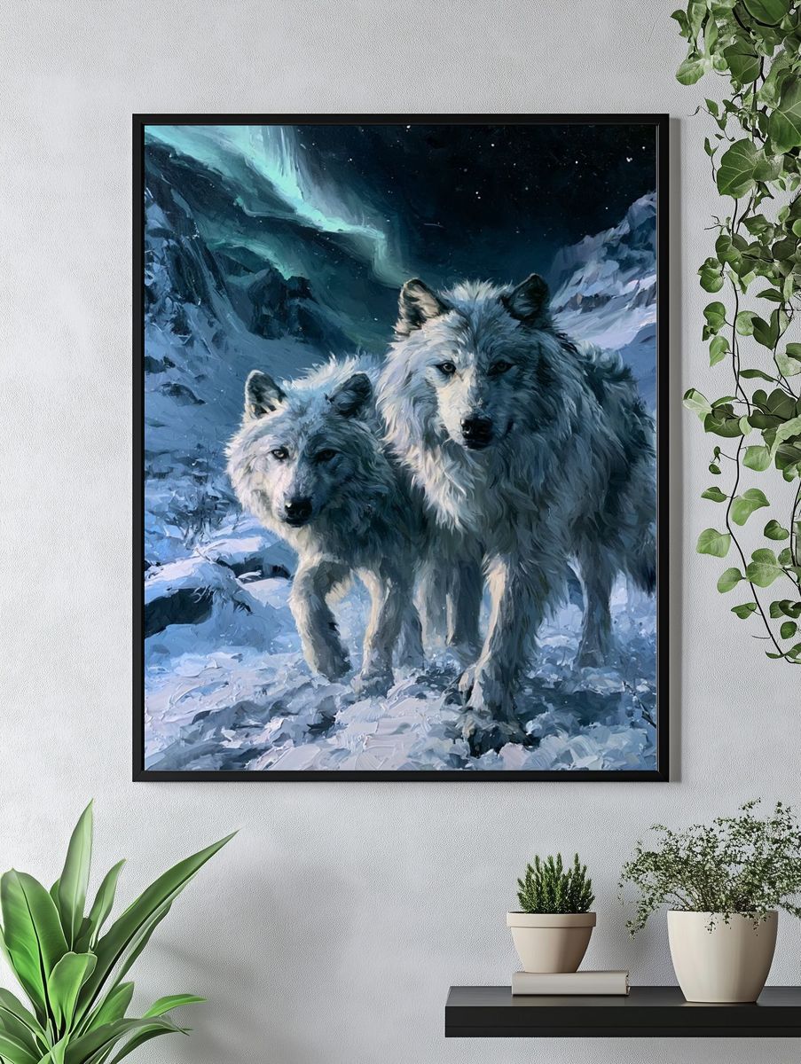 Arctic Wolves in Moonlit Snow Poster. — room view 4