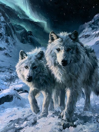 Arctic Wolves in Moonlit Snow Poster. poster