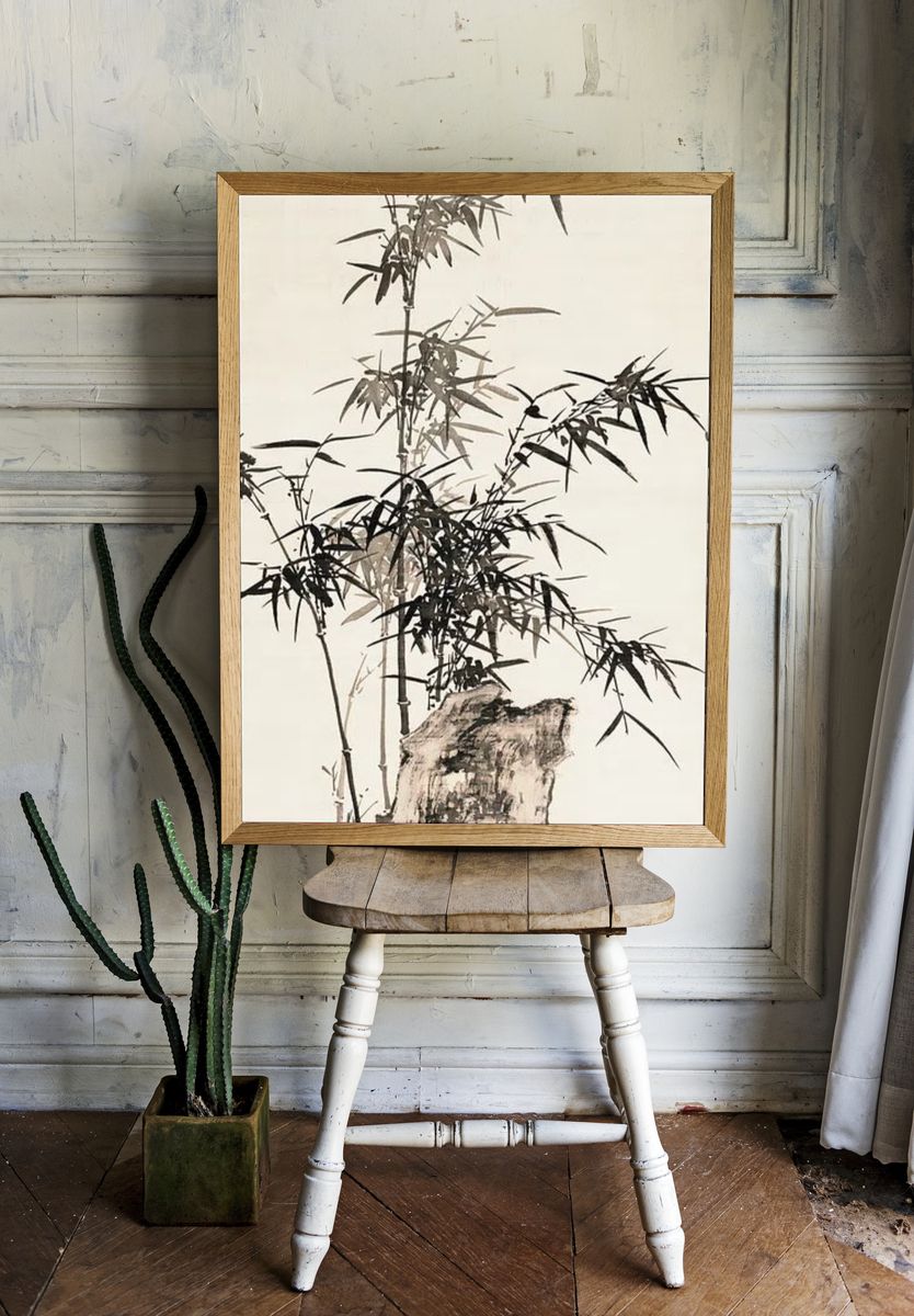 Bamboo and Rock — Asian Ink Art Print. — room view 1