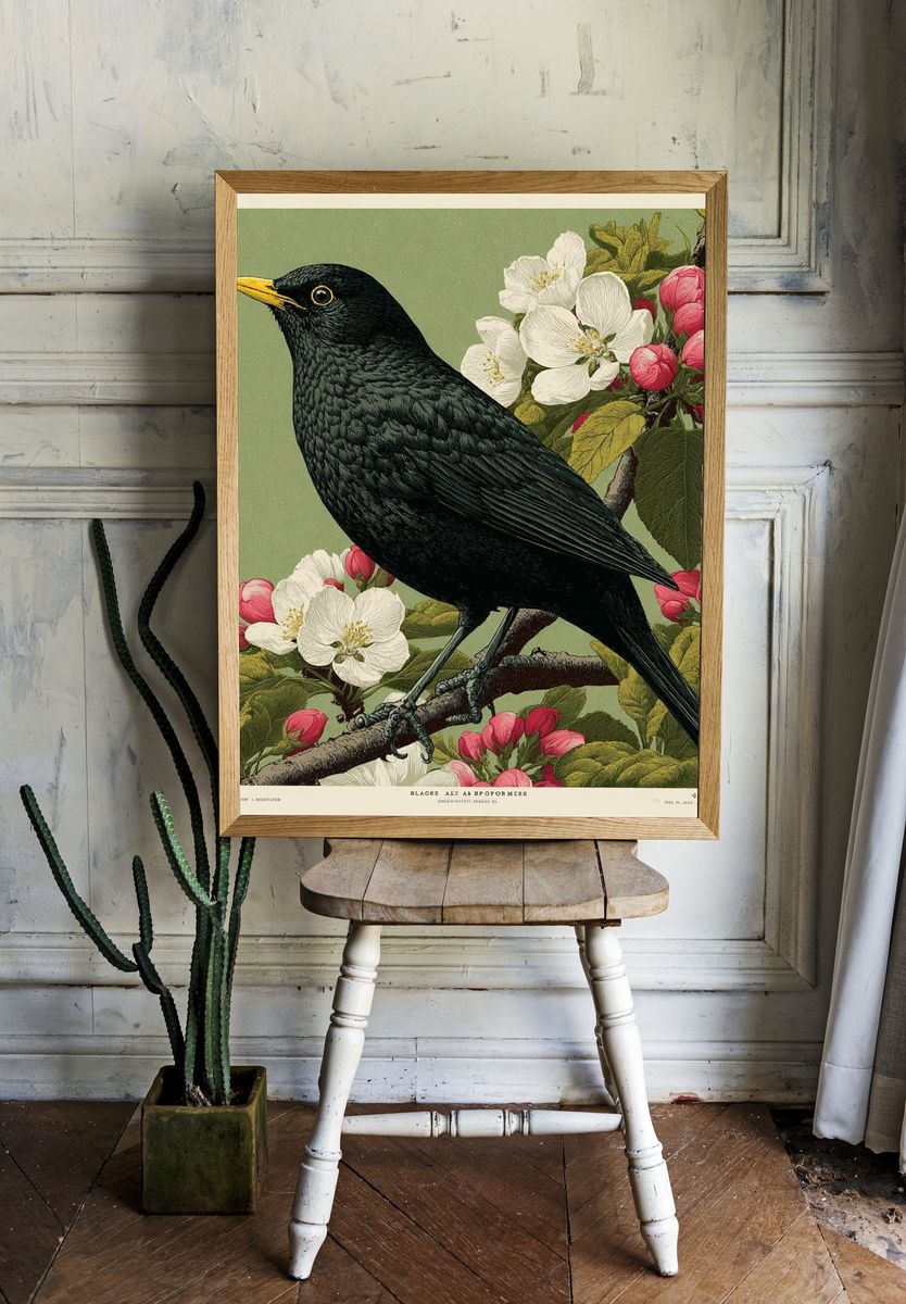 Blackbird and Blossoms — Botanical Print room preview