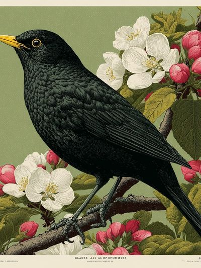 Blackbird and Blossoms — Botanical Print. poster
