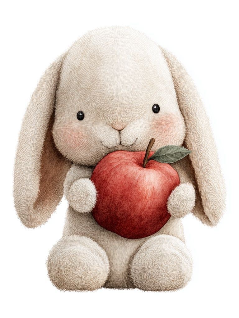 Cute Bunny Holding Apple — Illustration Print. poster detail