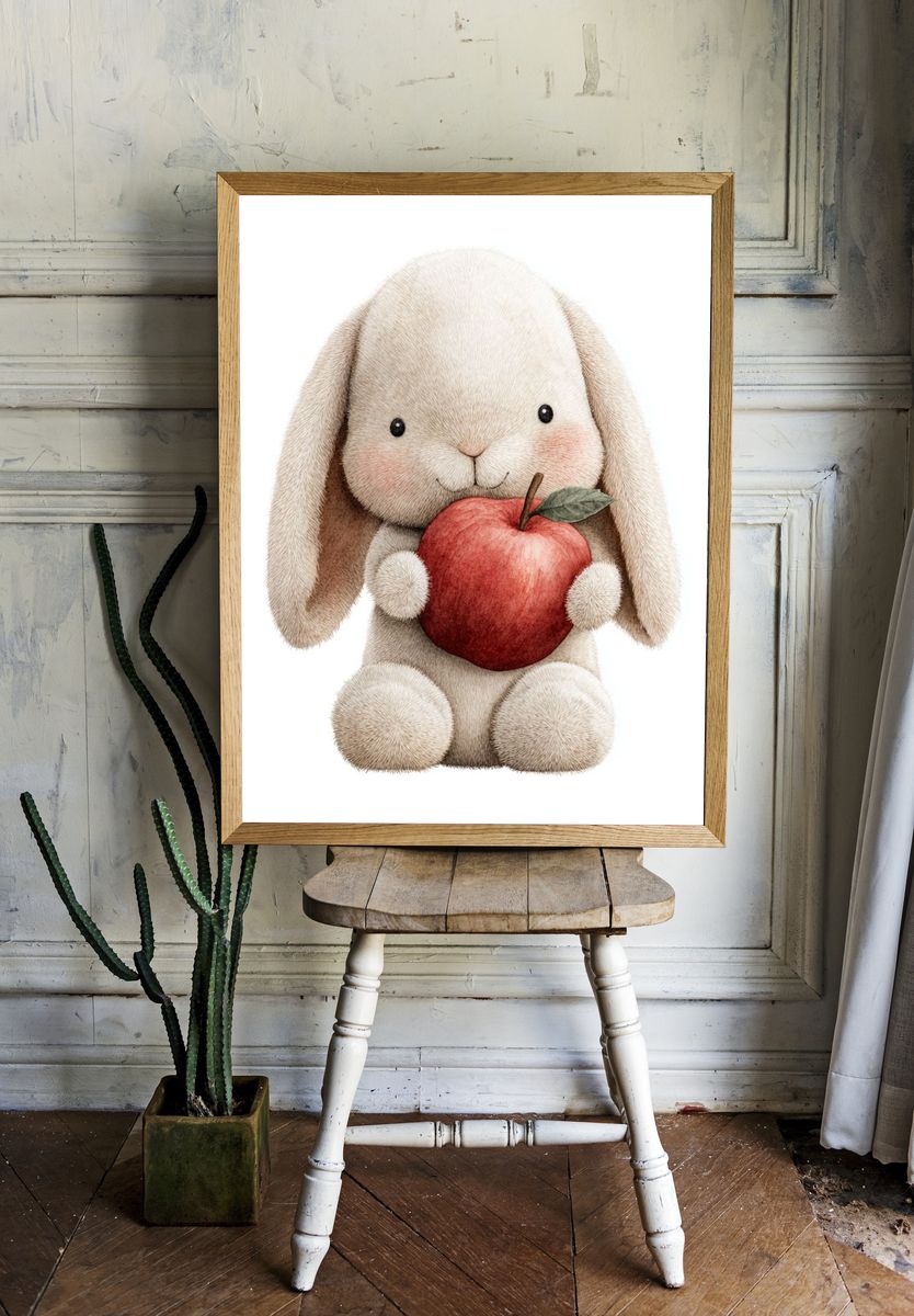 Cute Bunny Holding Apple — Illustration Print. room preview
