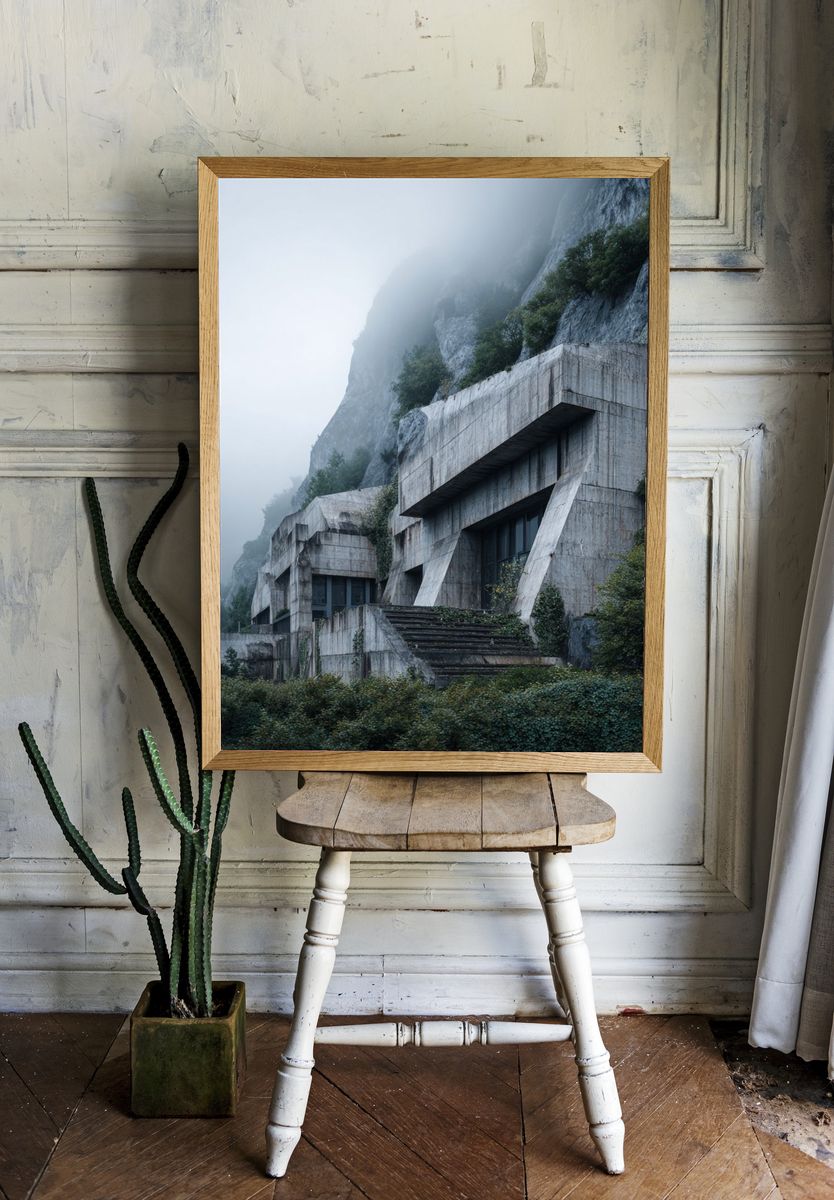 Brutalist Architecture in Fog — Photography Print. room preview