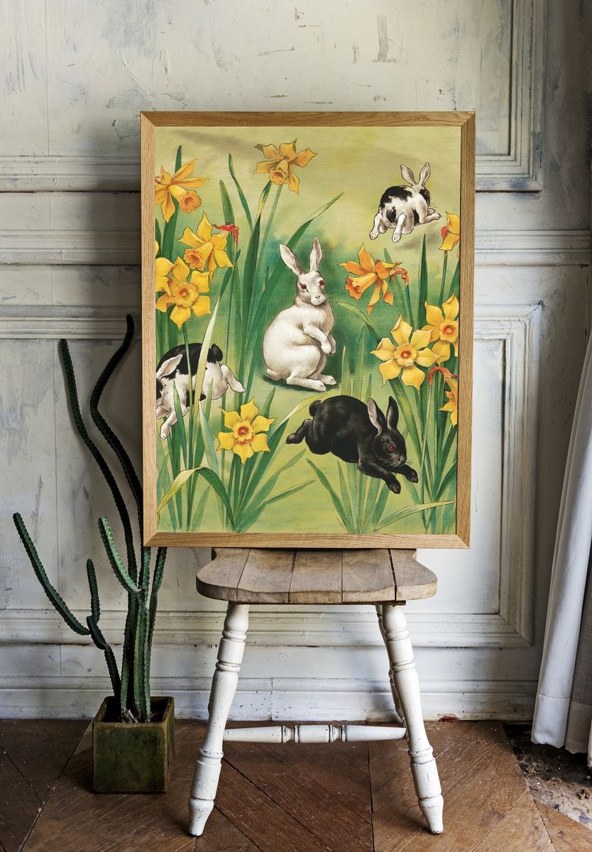 Bunnies and Daffodils — Vintage Print room preview