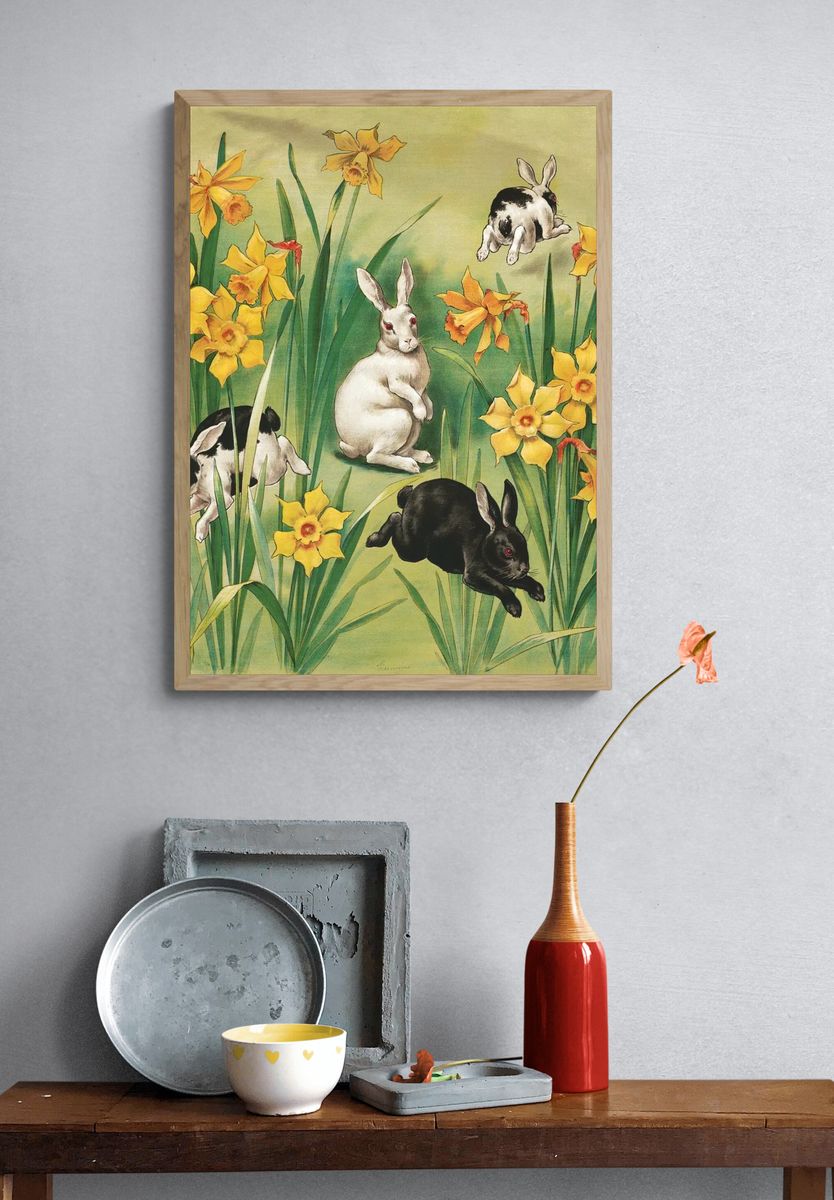 Bunnies and Daffodils — Vintage Print. — room view 3
