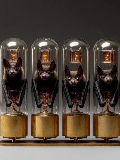 Bats in Glass Tubes — Surreal Art Print. poster