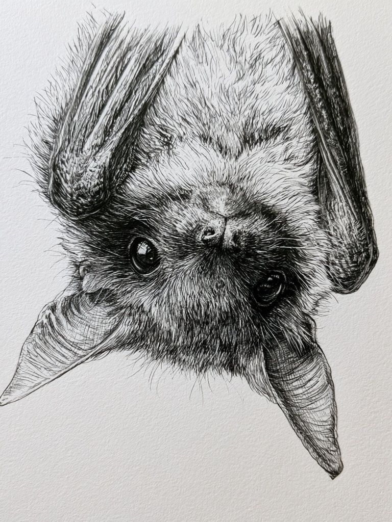 Upside-Down Bat Portrait Print. poster — animals art
