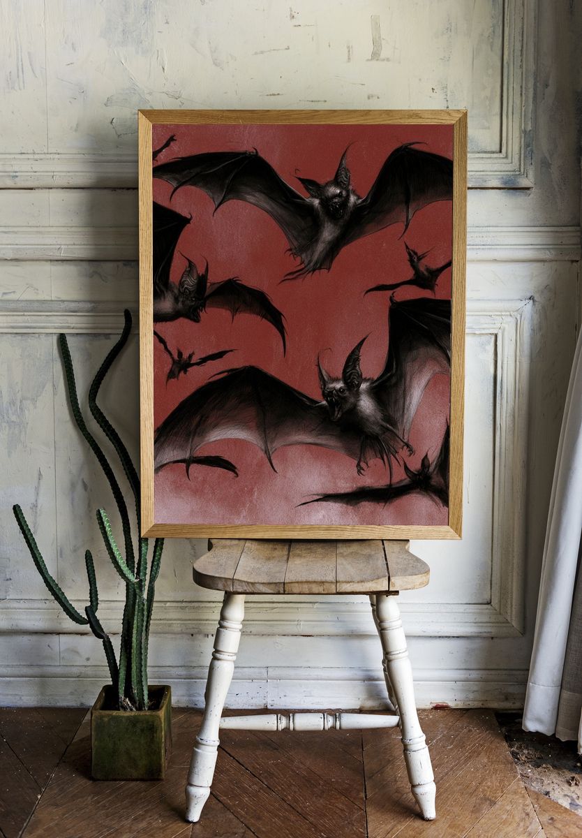 Flying Bats Illustration Poster. — room view 1