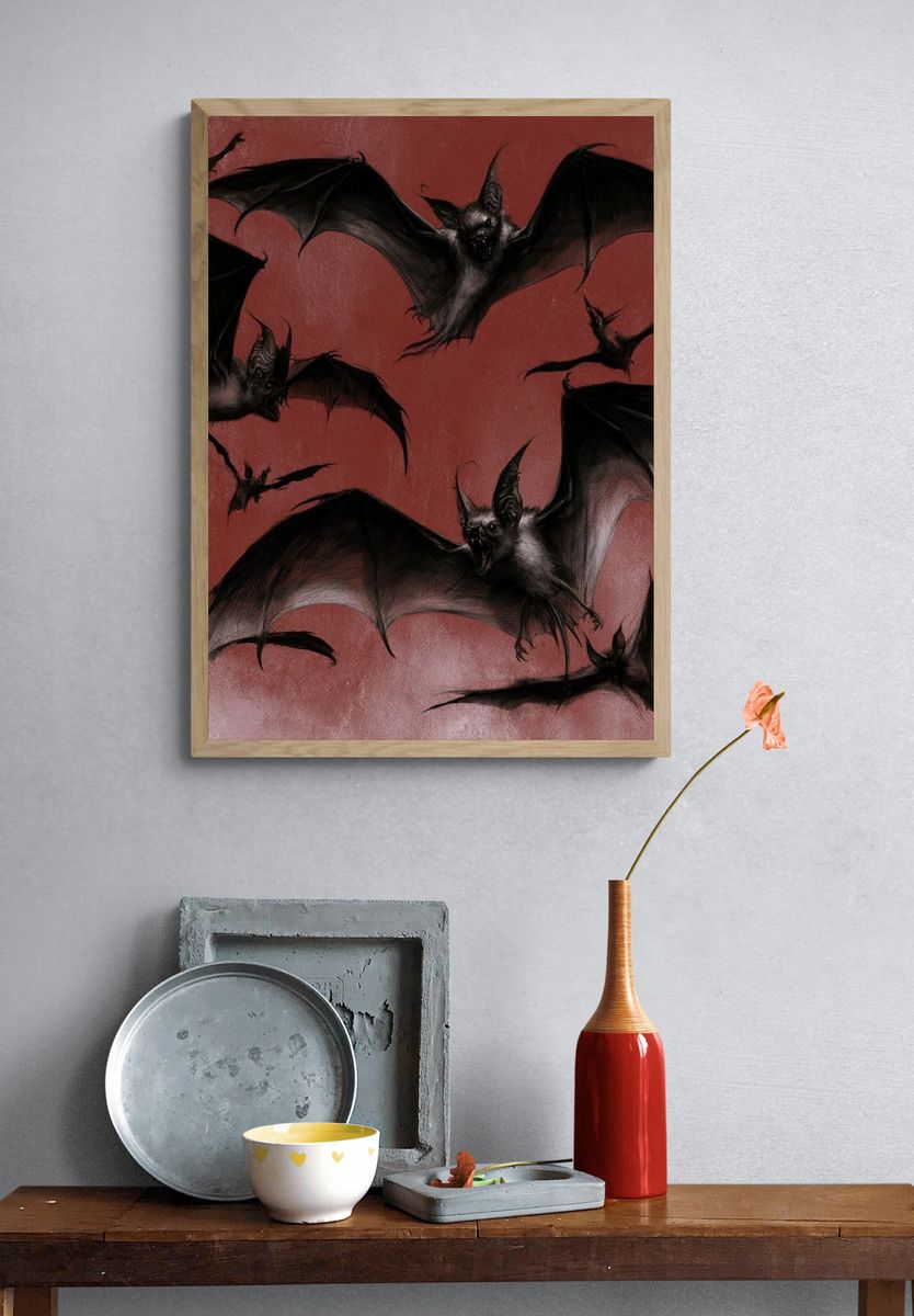 Flying Bats Illustration Poster. — room view 3