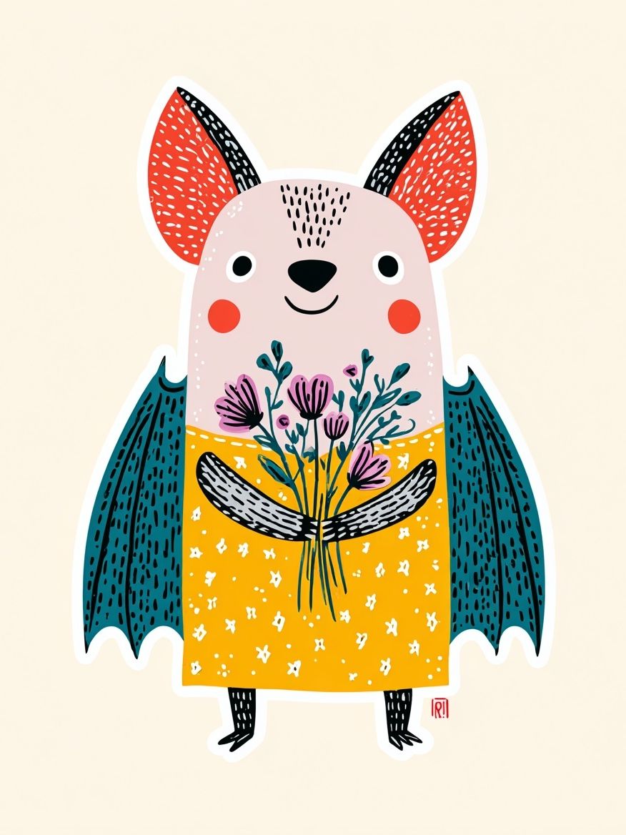 Cute Bat with Flowers — Illustration Print. poster detail