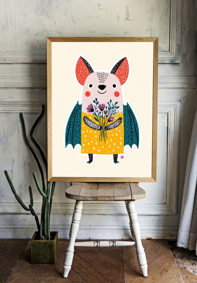 Cute Bat with Flowers — Illustration Print. room preview