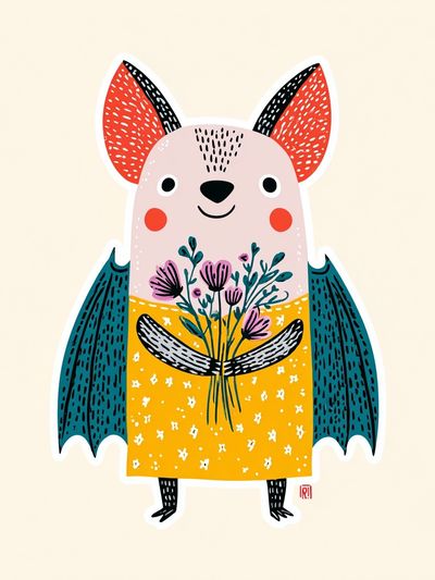 Cute Bat with Flowers — Illustration Print. poster