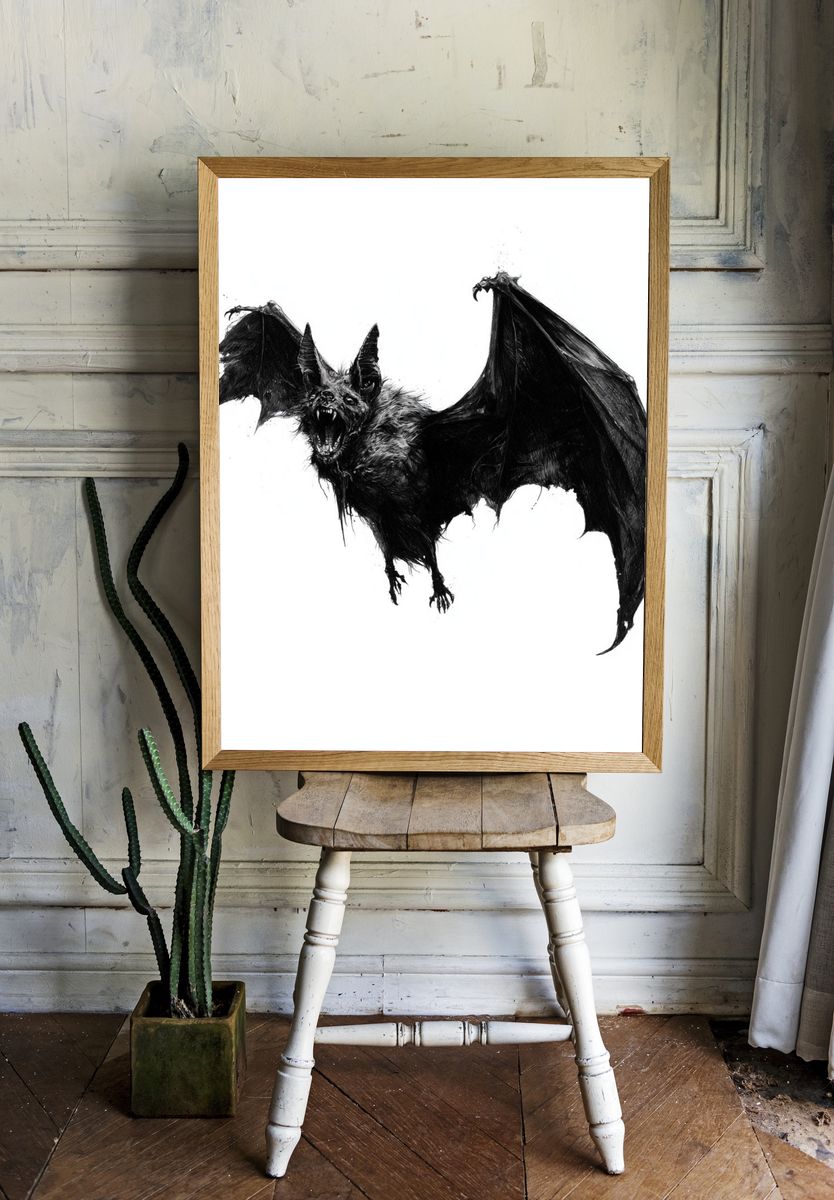 Screaming Bat — Gothic Illustration Print. room preview
