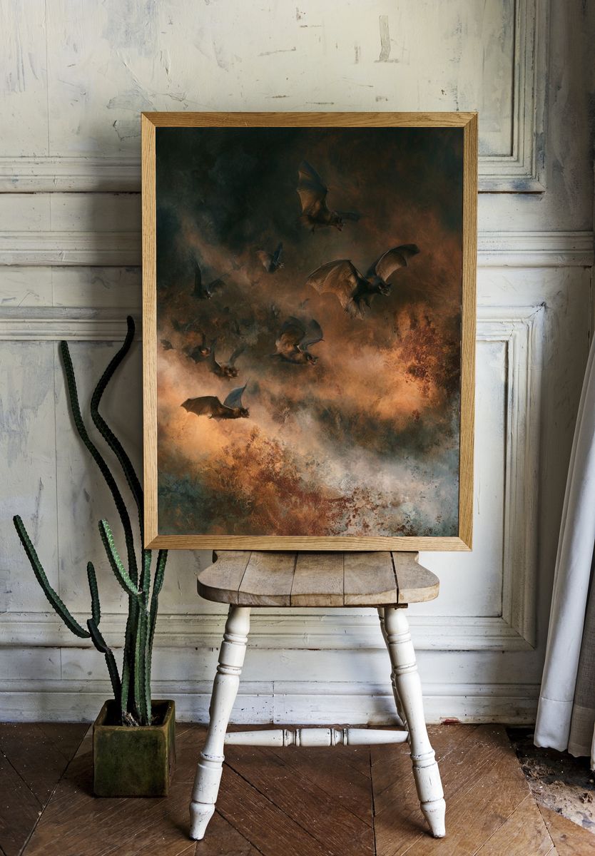 Bats in Stormy Sky Illustration Poster. — room view 1