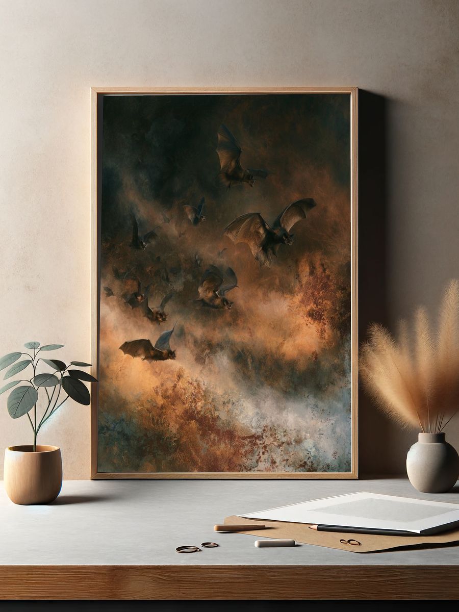 Bats in Stormy Sky Illustration Poster. — room view 2