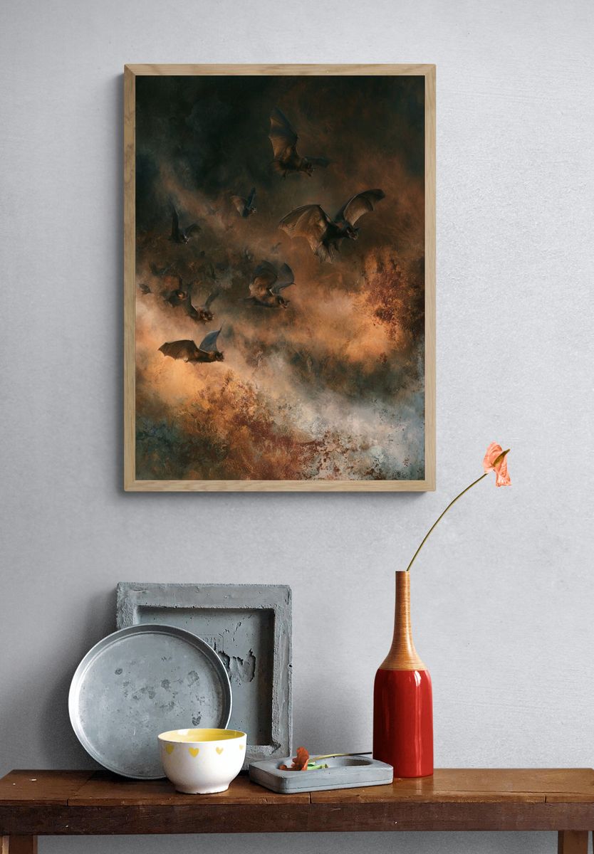 Bats in Stormy Sky Illustration Poster. — room view 3
