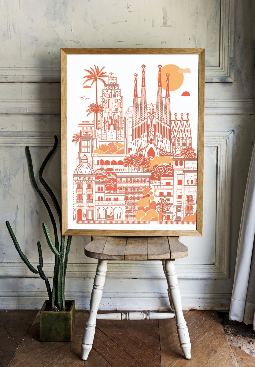 Barcelona Cityscape — Illustration Print. — room view 1