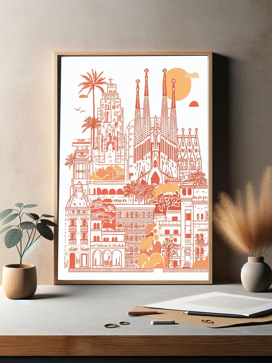 Barcelona Cityscape — Illustration Print. — room view 2