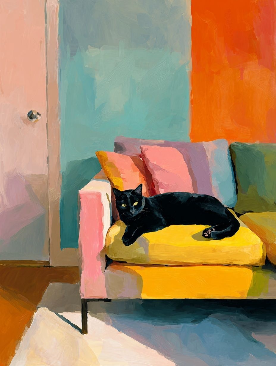 Black Cat on Colorful Couch Poster. poster — animals art