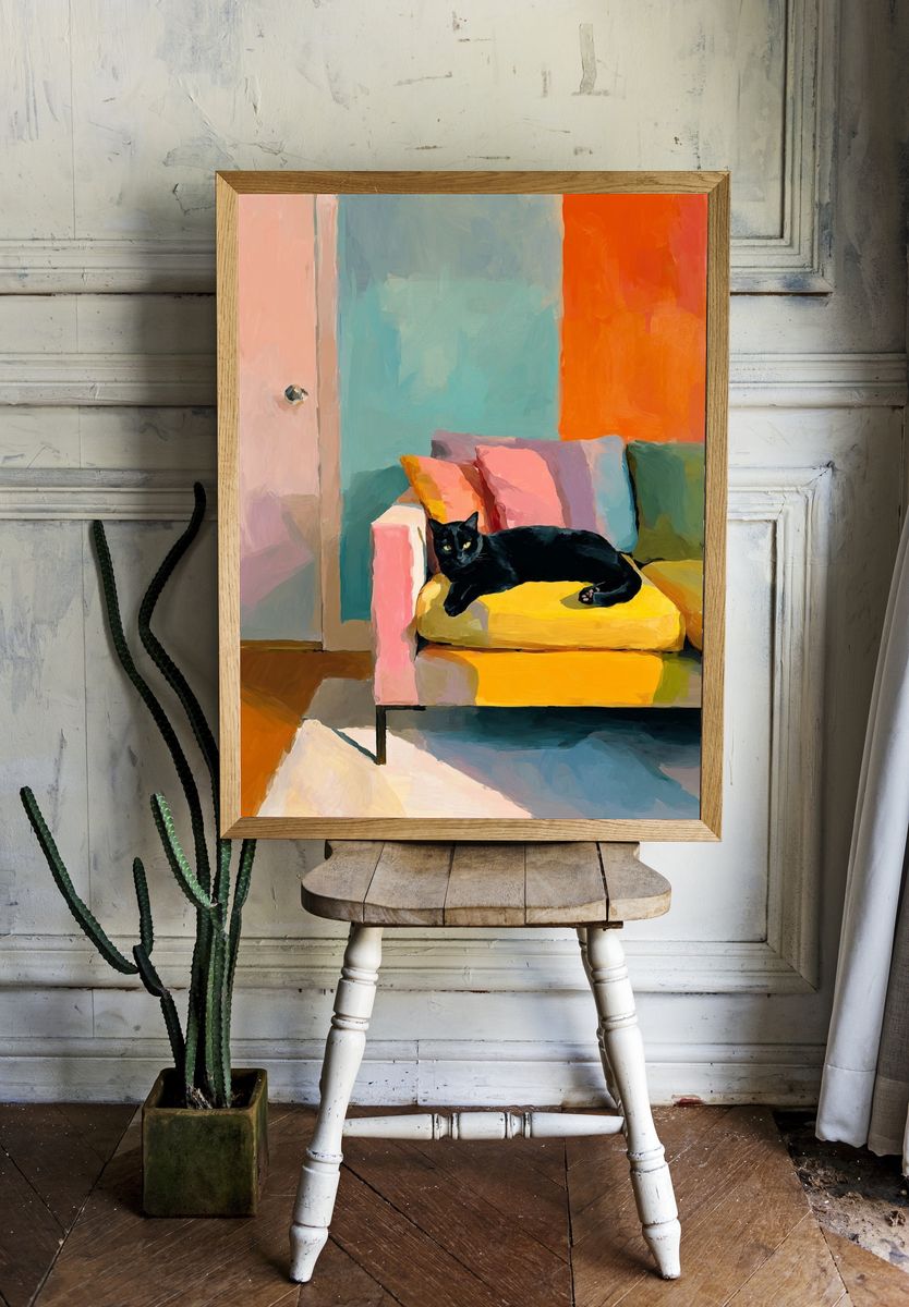 Black Cat on Colorful Couch Poster room preview
