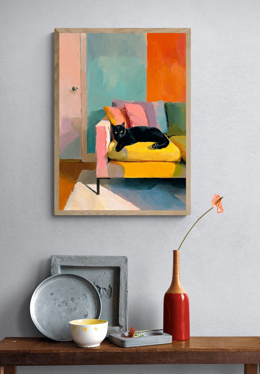 Black Cat on Colorful Couch Poster. — room view 3