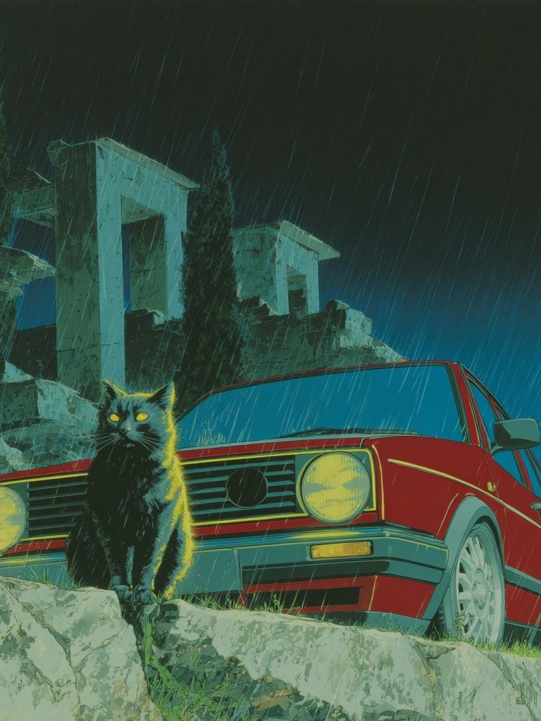 Black Cat and Red Car — Retro Print. poster — illustration art