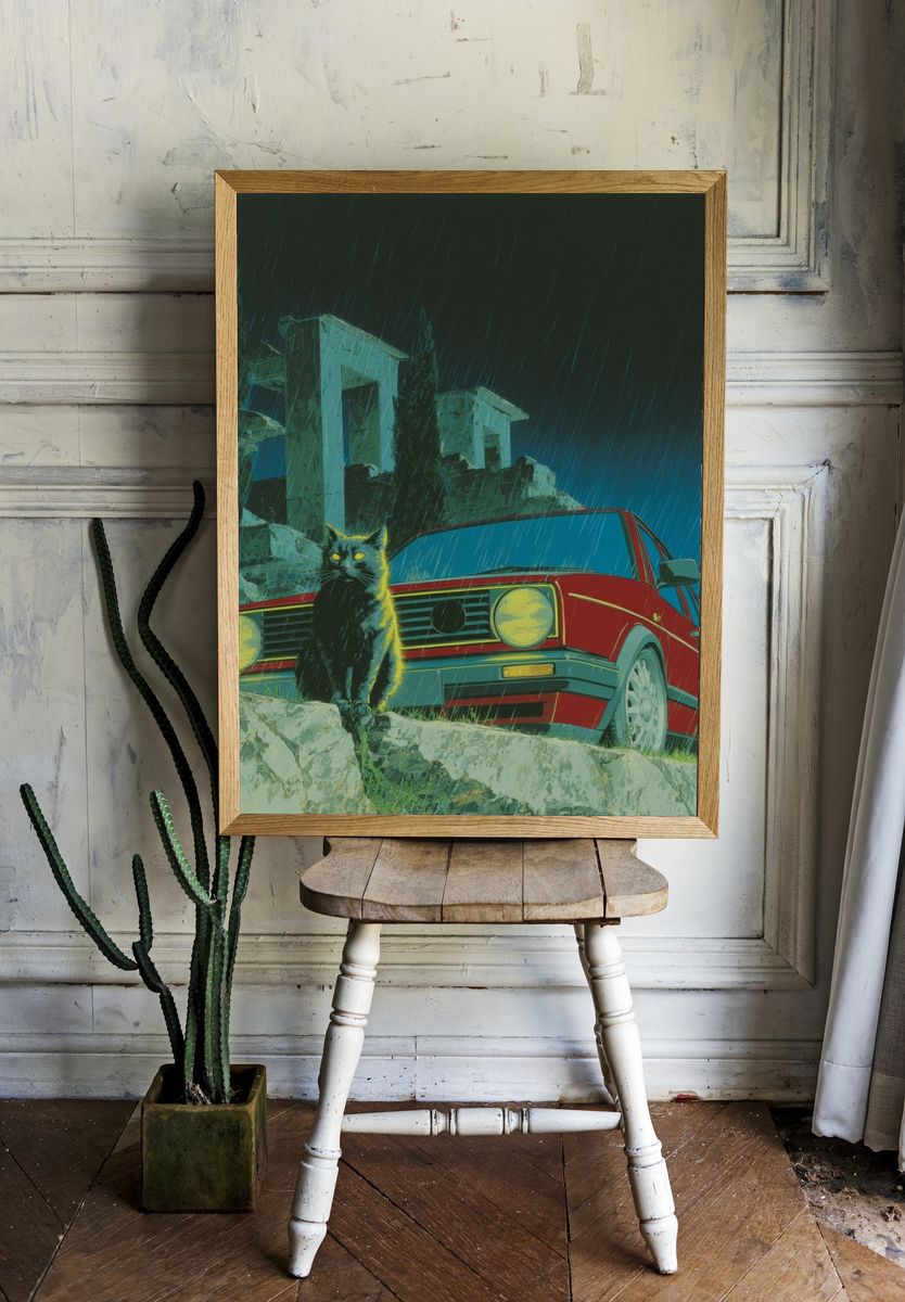 Black Cat and Red Car — Retro Print. room preview