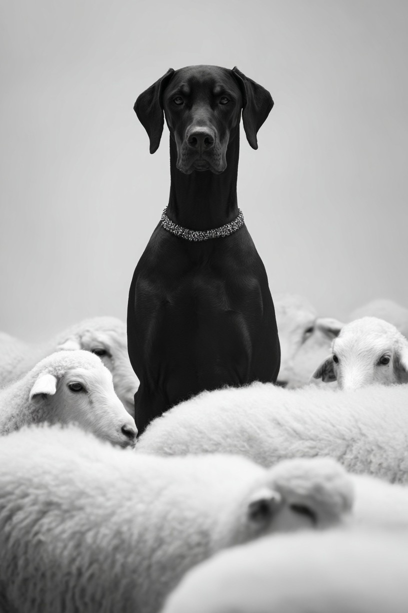 Black Dog Among Sheep — Photography Print. poster detail