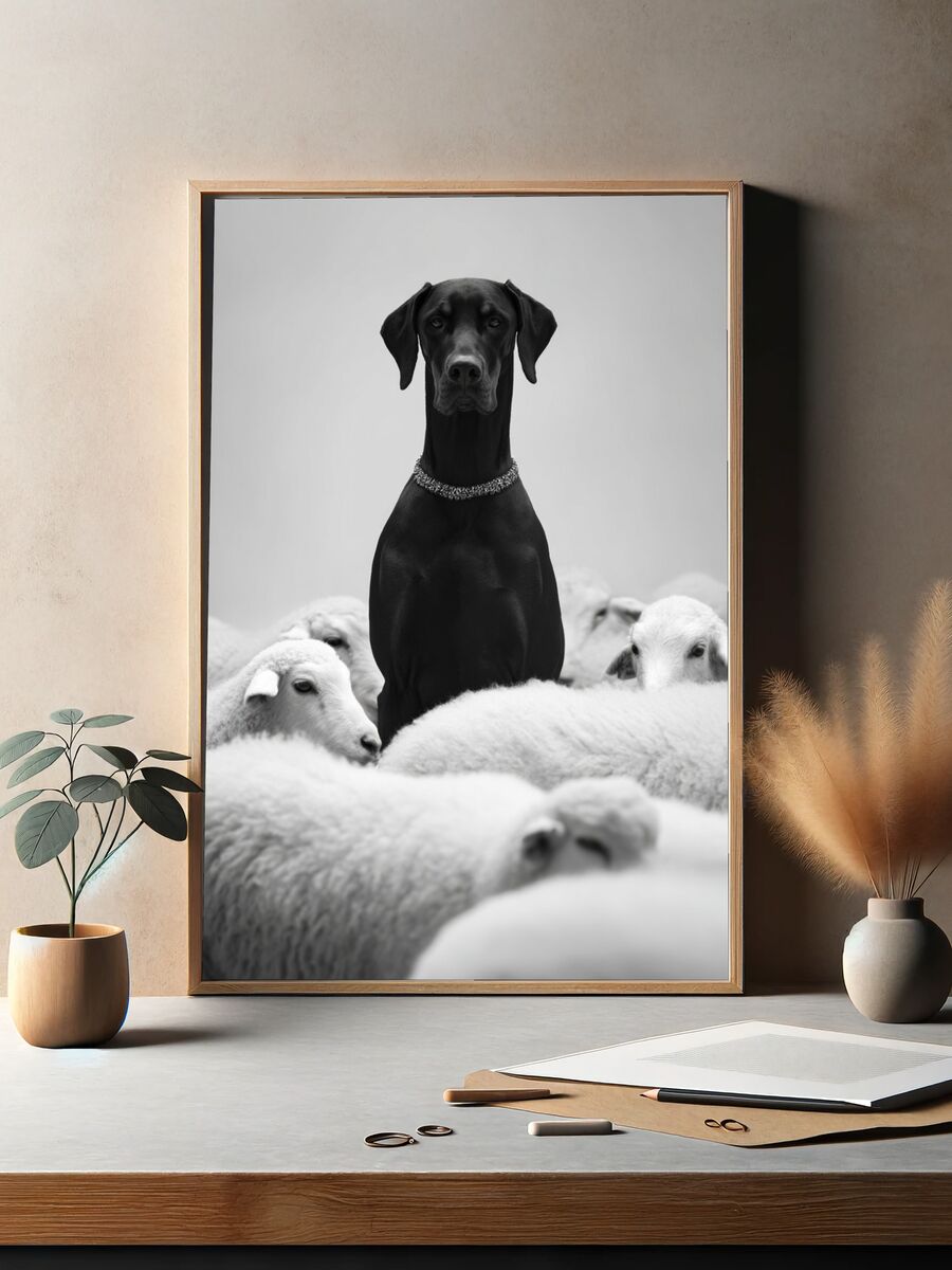 Black Dog Among Sheep — Photography Print. — room view 2