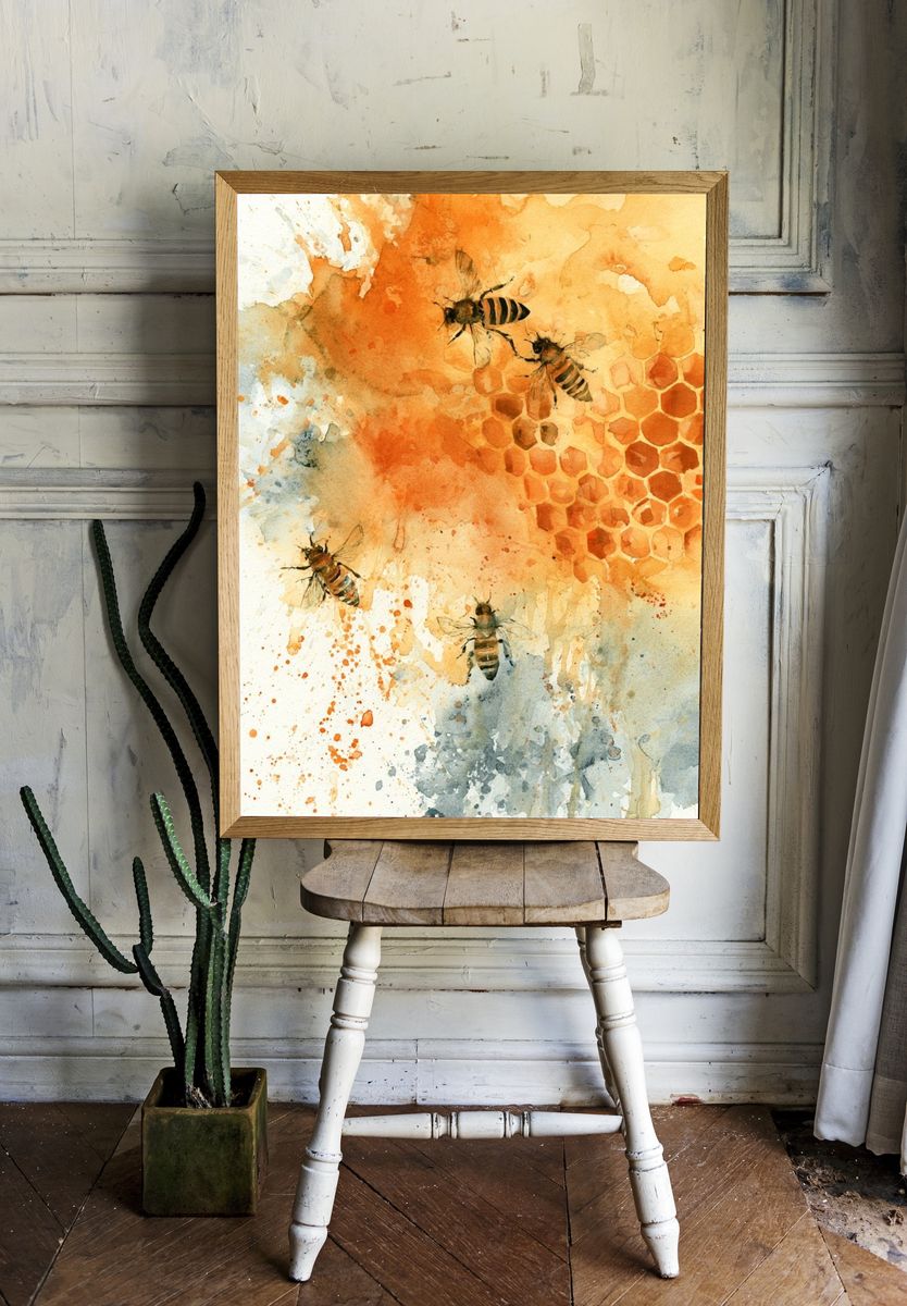 Honey Bees Watercolor Poster. — room view 1
