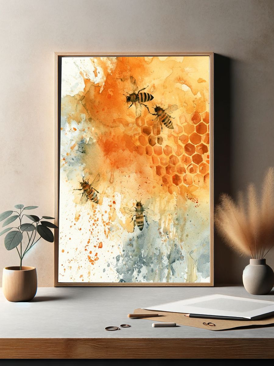 Honey Bees Watercolor Poster. — room view 2