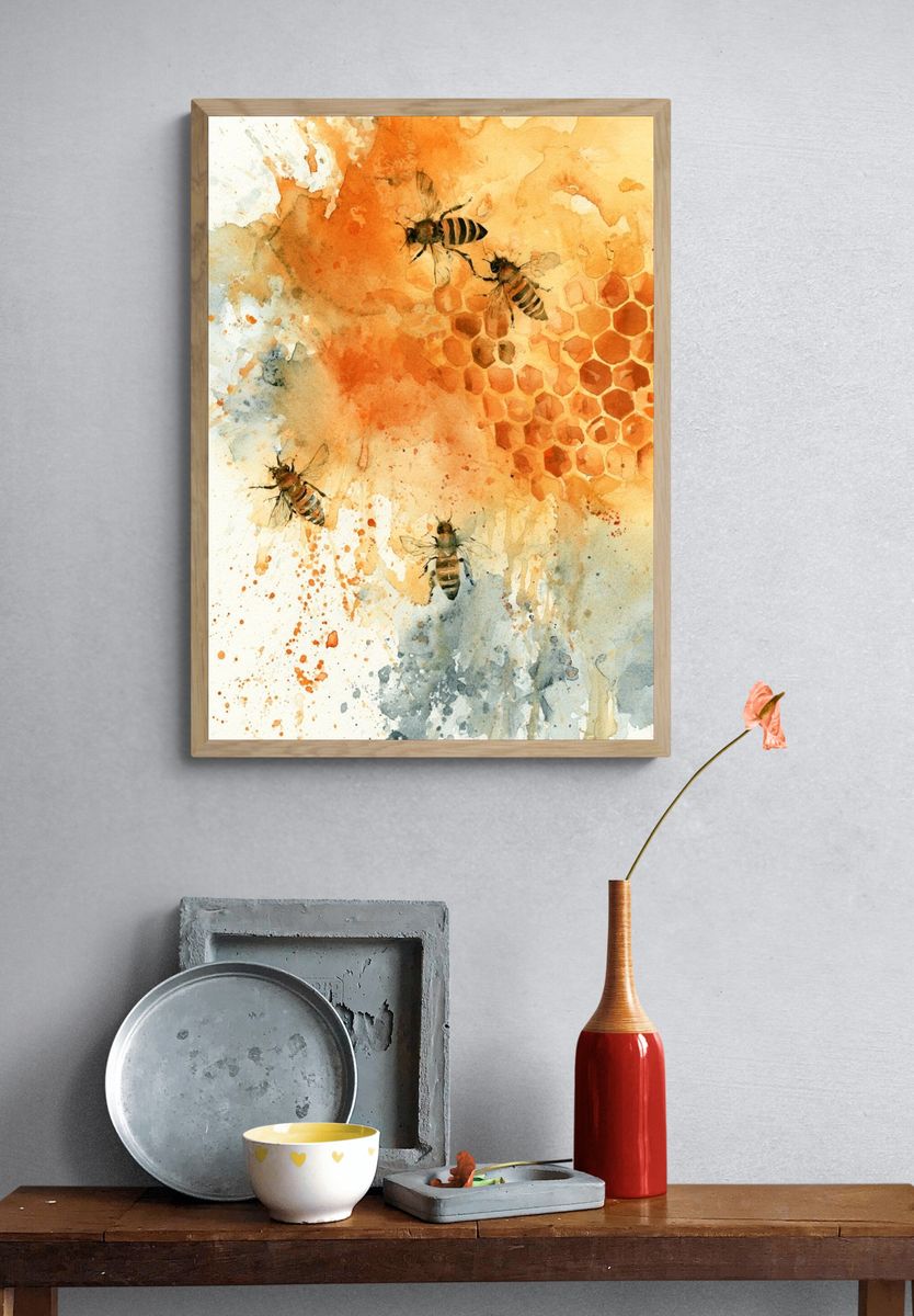 Honey Bees Watercolor Poster. — room view 3