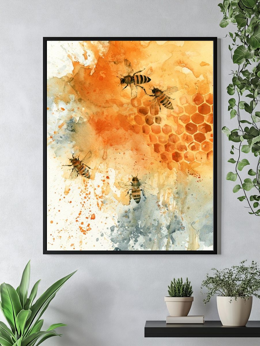 Honey Bees Watercolor Poster. — room view 4
