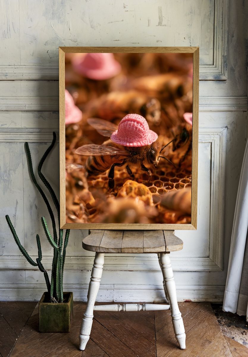 Bee with Pink Hat Photography Poster. room preview