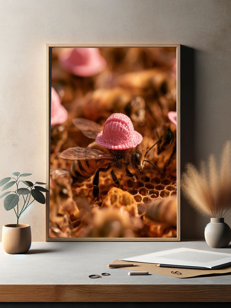 Bee with Pink Hat Photography Poster. — room view 2