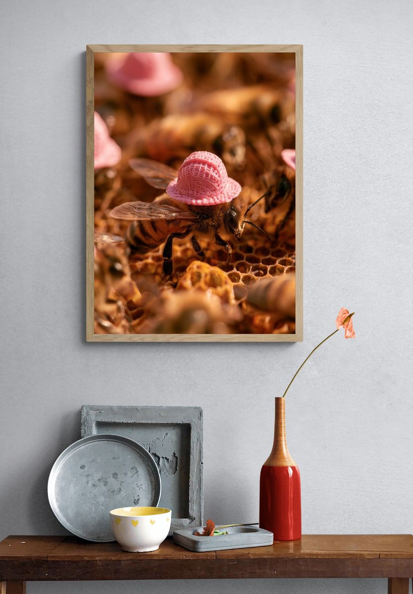 Bee with Pink Hat Photography Poster. — room view 3