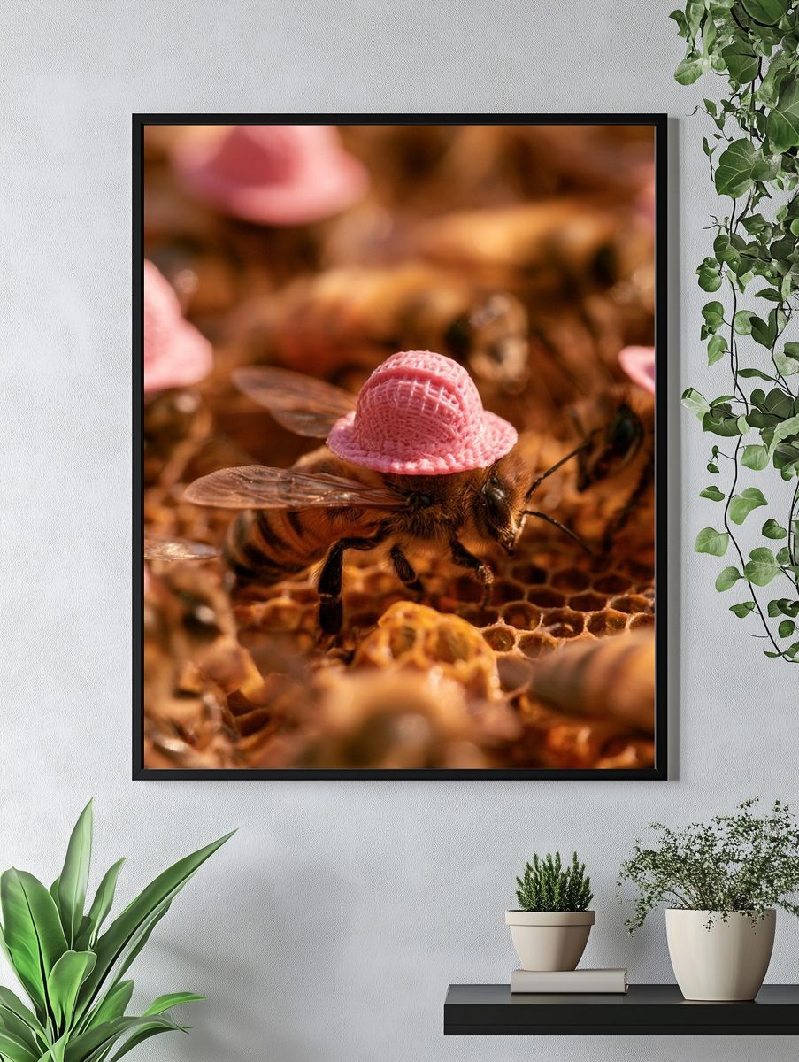 Bee with Pink Hat Photography Poster. — room view 4