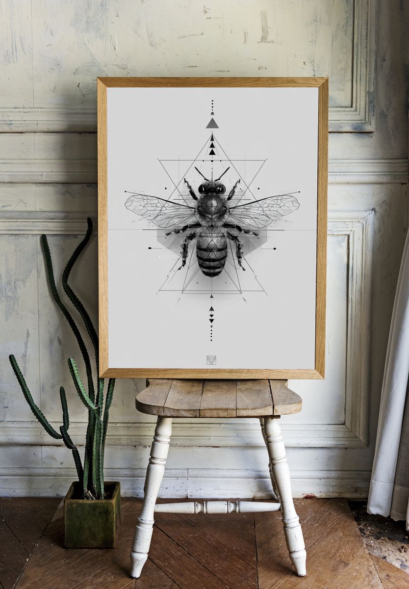 Geometric Bee Black-White Poster. — room view 1