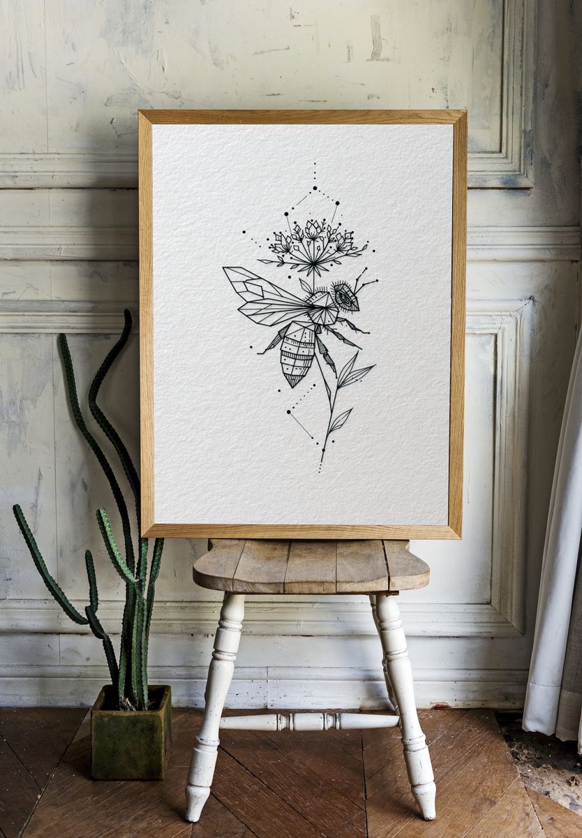 Geometric Bee Line-Art Print. room preview