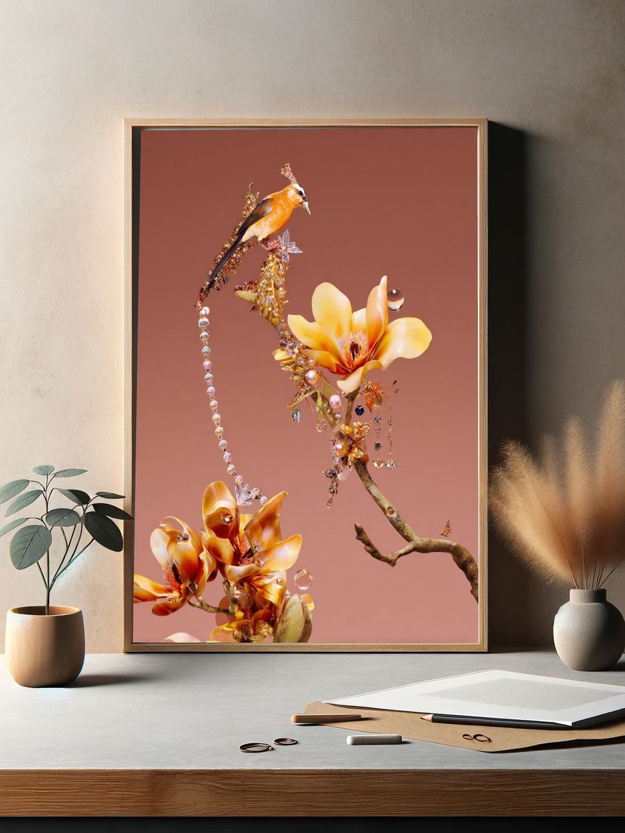 Ornate Bird and Floral Arrangement Poster. — room view 2
