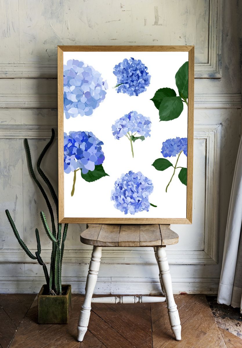 Blue Hydrangea Botanical Print. room preview