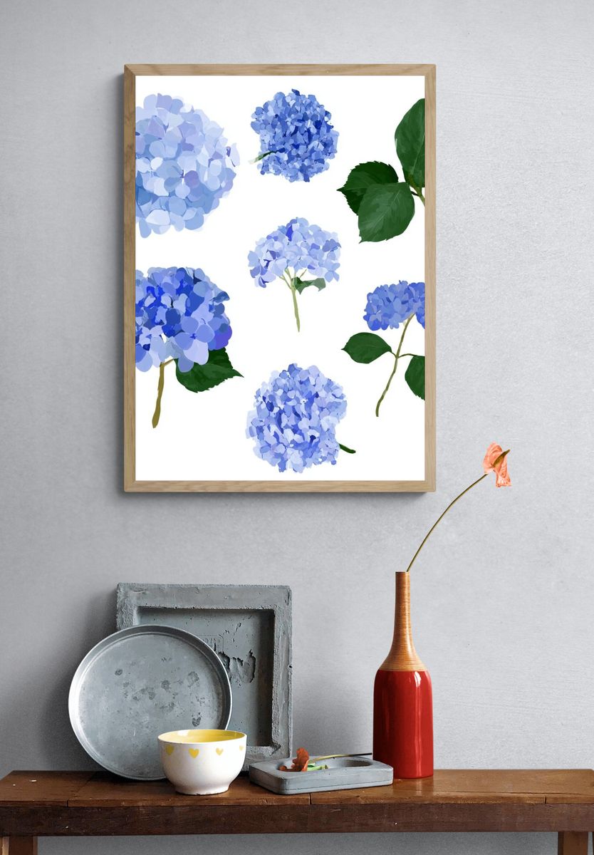 Blue Hydrangea Botanical Print. — room view 3