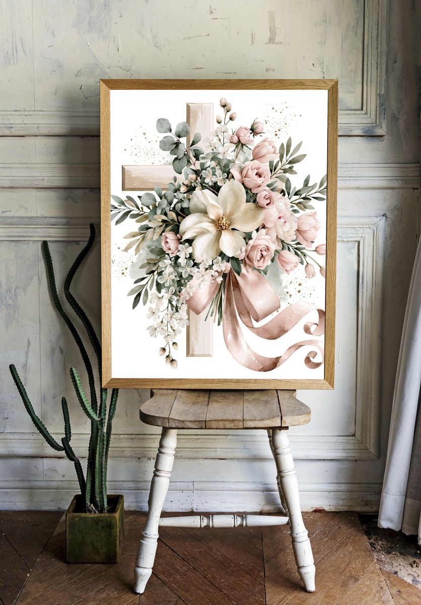 Blush Floral Cross Watercolor Print. — room view 1