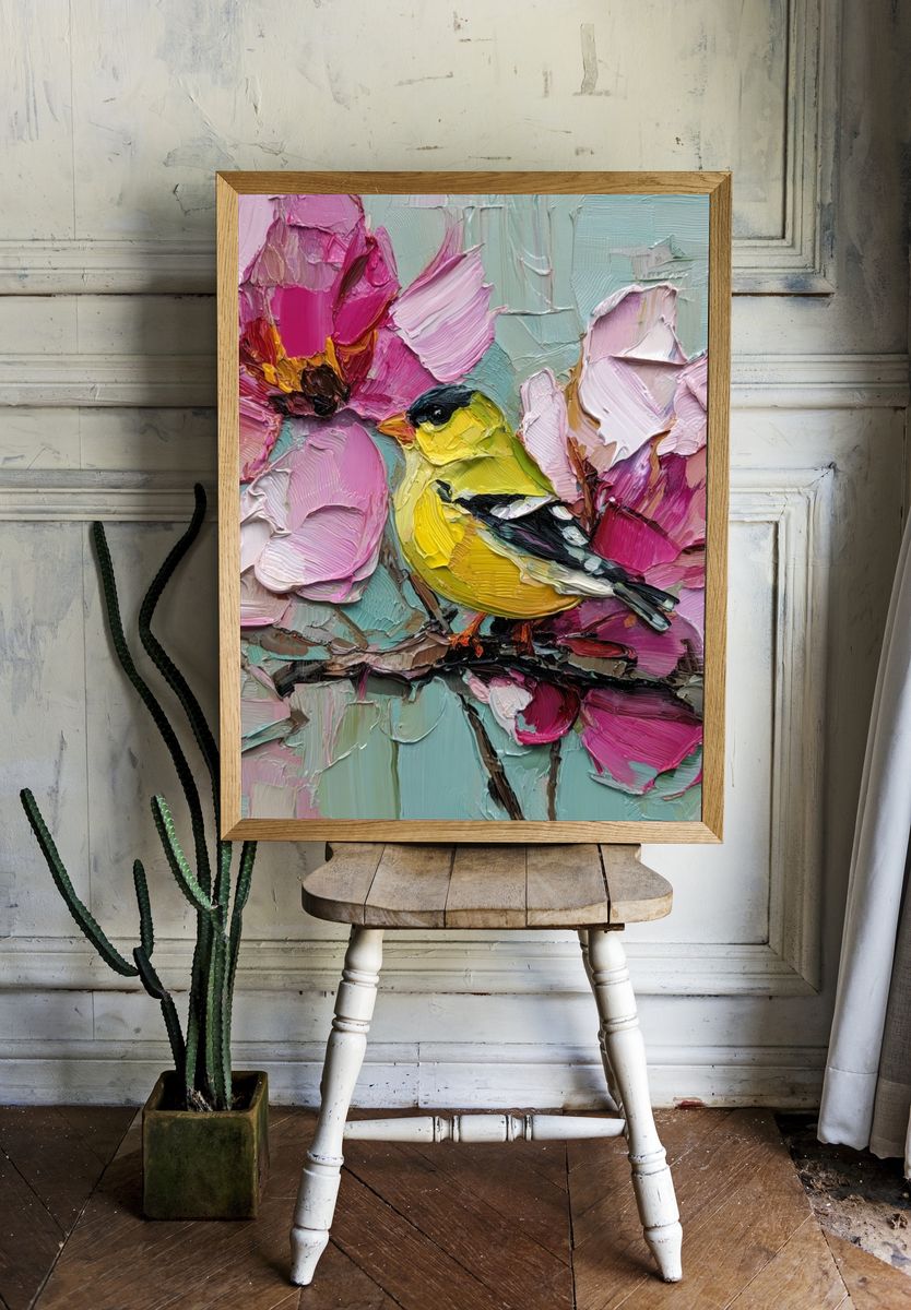 Goldfinch and Blossoms Painting Poster. room preview